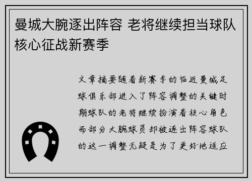 曼城大腕逐出阵容 老将继续担当球队核心征战新赛季