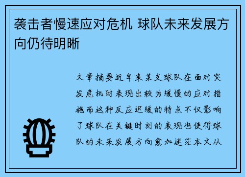 袭击者慢速应对危机 球队未来发展方向仍待明晰