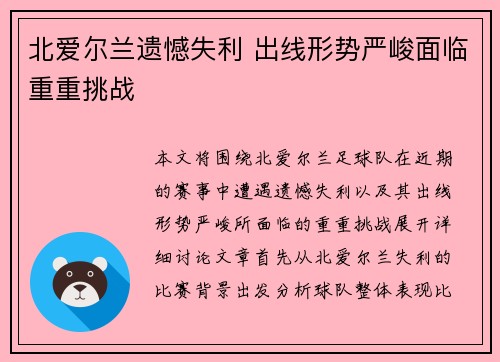 北爱尔兰遗憾失利 出线形势严峻面临重重挑战